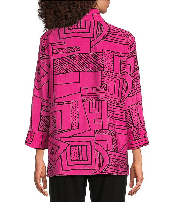 Hot Pink Printed Wire Collar 3/4 Sleeve Button Front Tunic