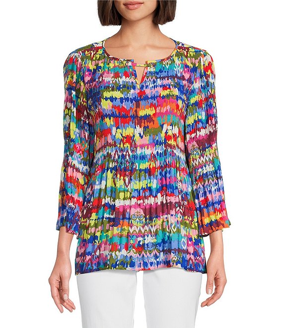 Ikat Woven Crinkle Chevron Ikat Print Split V-Neck 3/4 Flounce Sleeve Tunic
