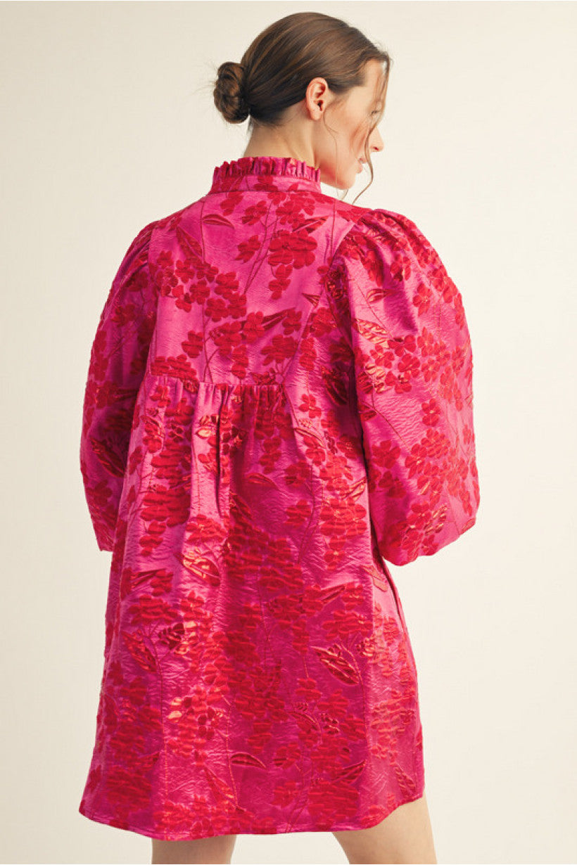 Hot Pink Red Mix3/4 puff sleeves floral jacquard dress with ruffled neckline.