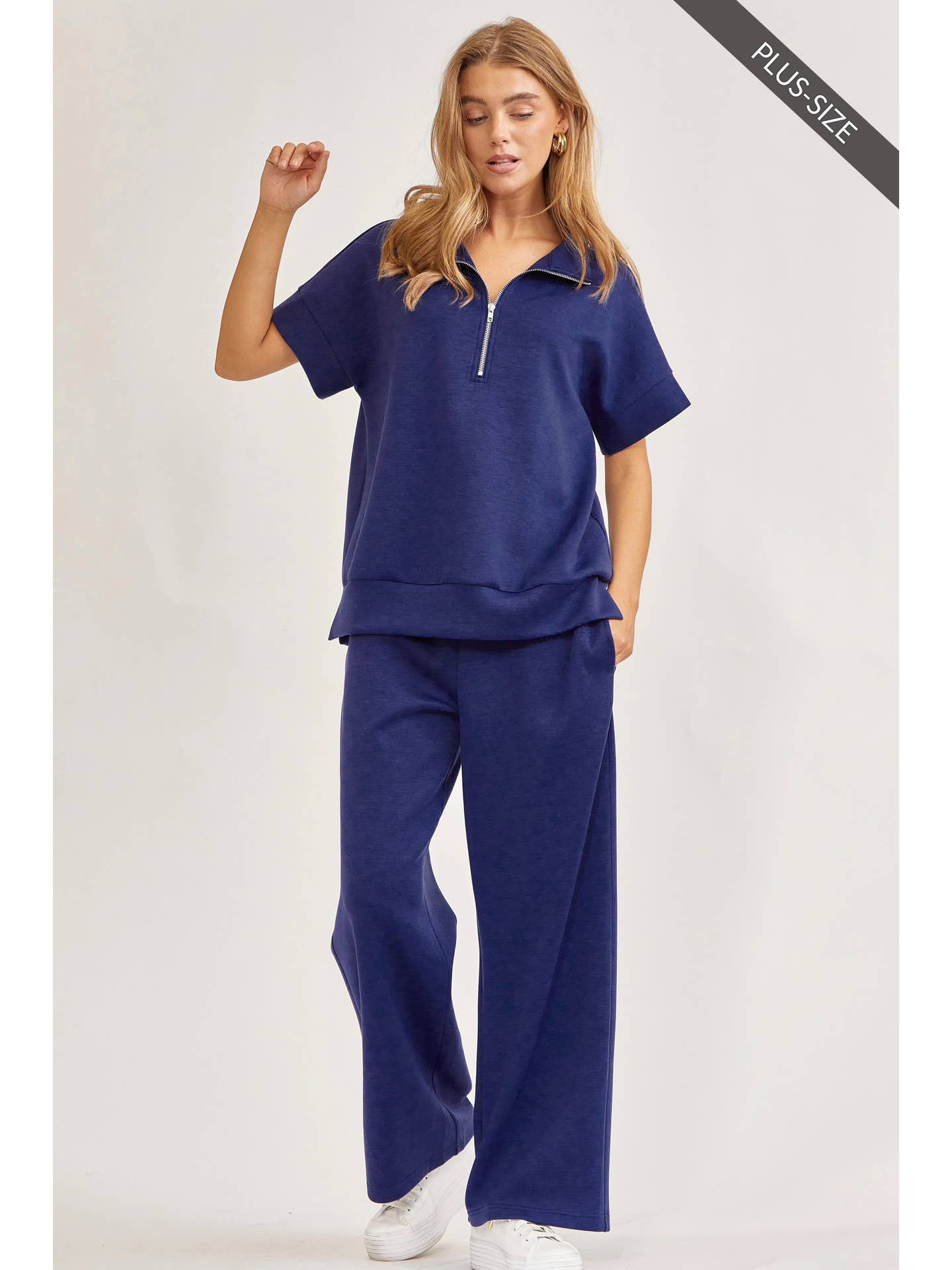 Navy Plus Size Quarter Zip + Pants Modal Set Trvset-Catalinap
