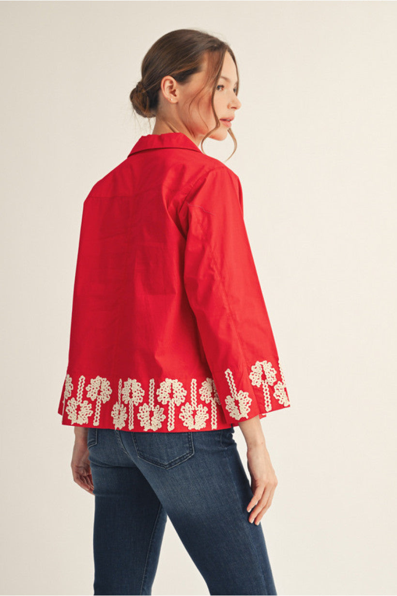 Red 3/4 sleeves 3D floral trim accent top, front pearl button, slit sleeves.