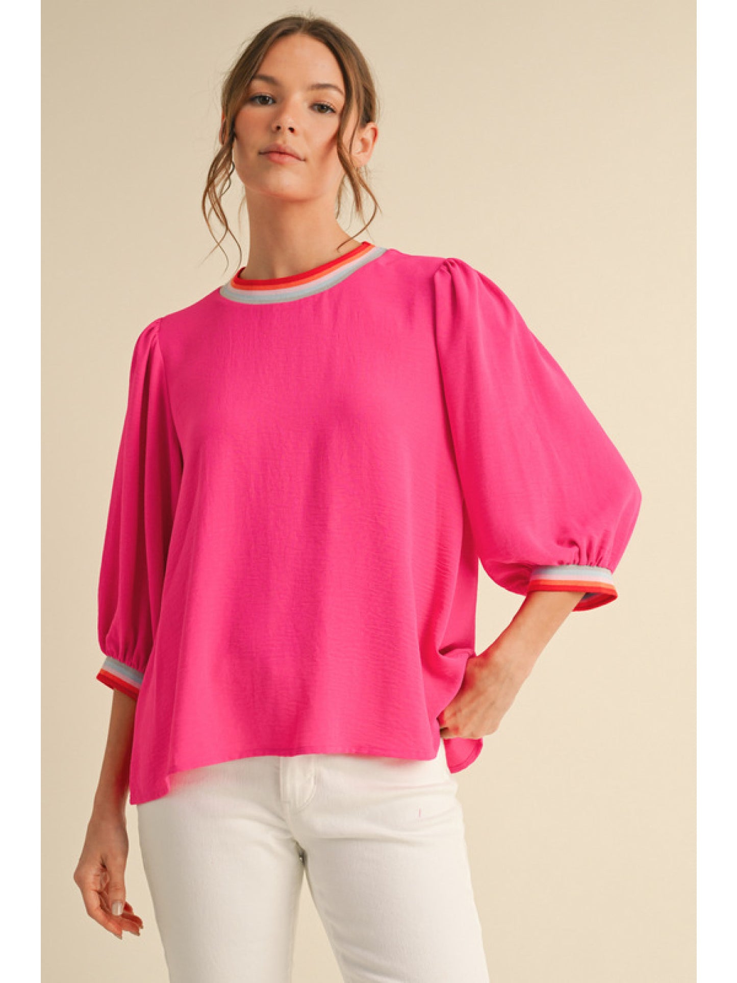 Hot Pink Solid top with U-neck, three quarter peasant sleeves, and striped ribbing at the sleeve ends and neck.