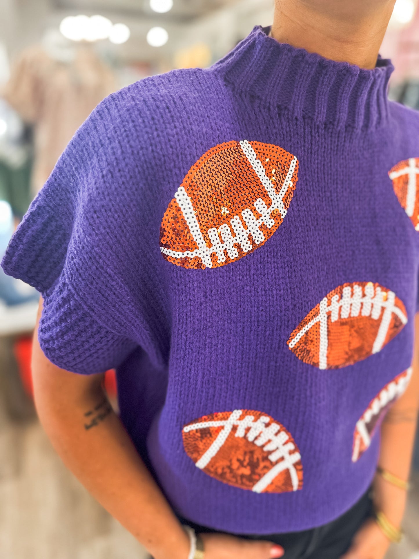 Purple Gameday Sequin Football Patches Rib Banded Sweater