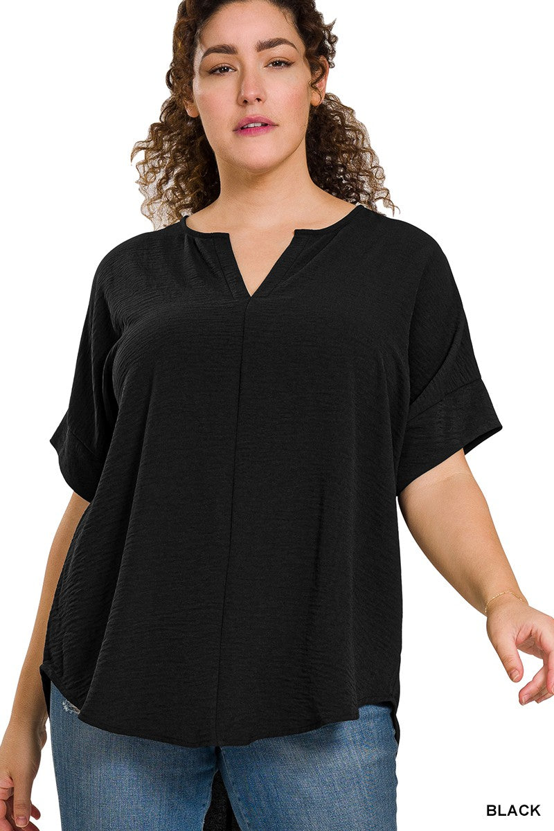 BLACK PLUS WOVEN AIRFLOW SPLIT NECK SHORT SLEEVE TOP