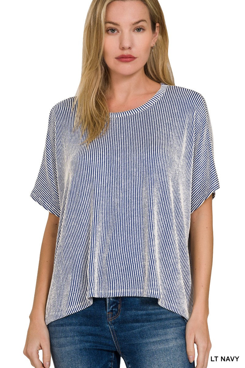 BRIGHT BLUE RIBBED STRIPED OVERSIZED SHORT SLEEVE TOP