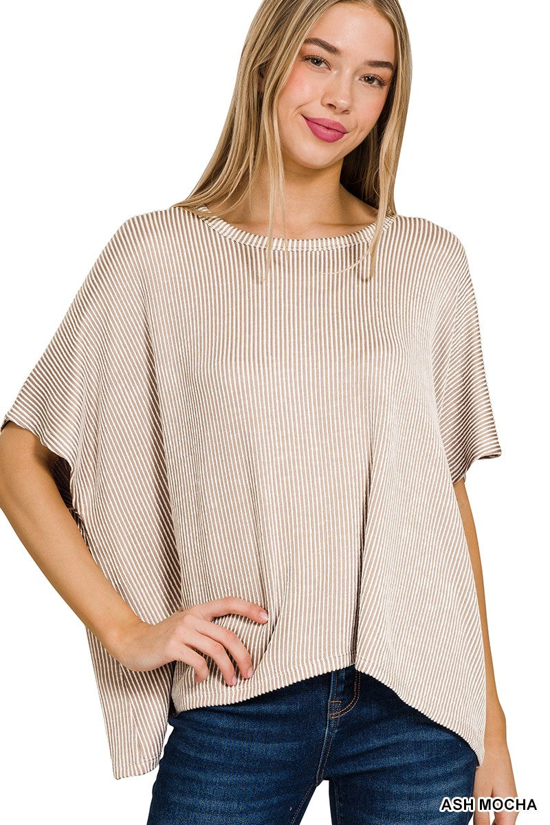 ASH MOCHA RIBBED STRIPED OVERSIZED SHORT SLEEVE TOP