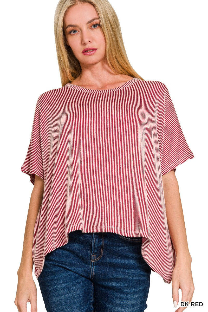 DARK RED RIBBED STRIPED OVERSIZED SHORT SLEEVE TOP