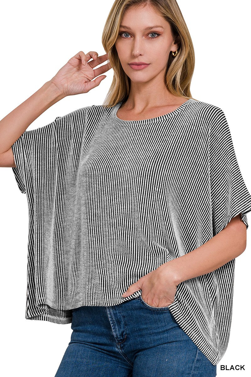 BLACK RIBBED STRIPED OVERSIZED SHORT SLEEVE TOP