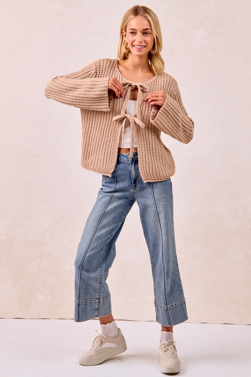 Latte Solid Loose Gauge Knit Sweater Top With Bow Tied