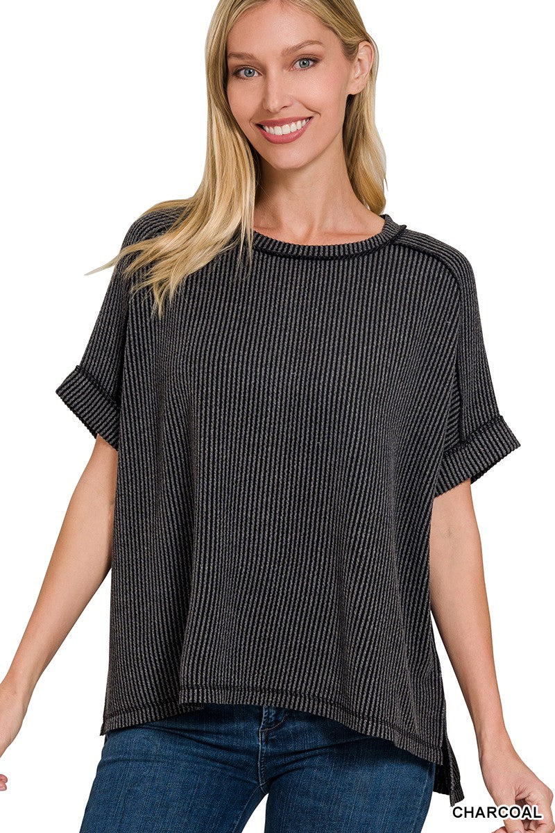 BLACK CORDED RIB SHORT CUFF SLEEVE RAW EDGE TOP