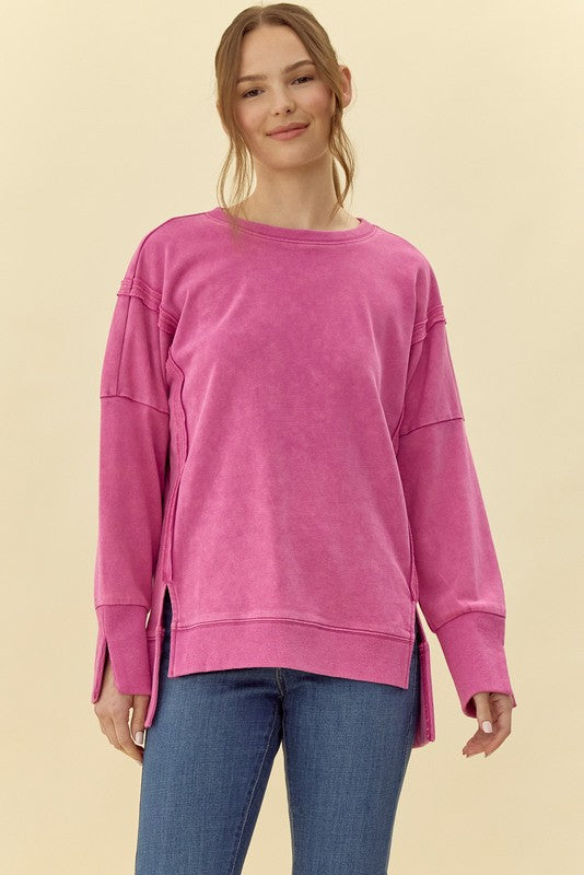 Magenta Washing Cotton Loose Fit Sweatshirts Top