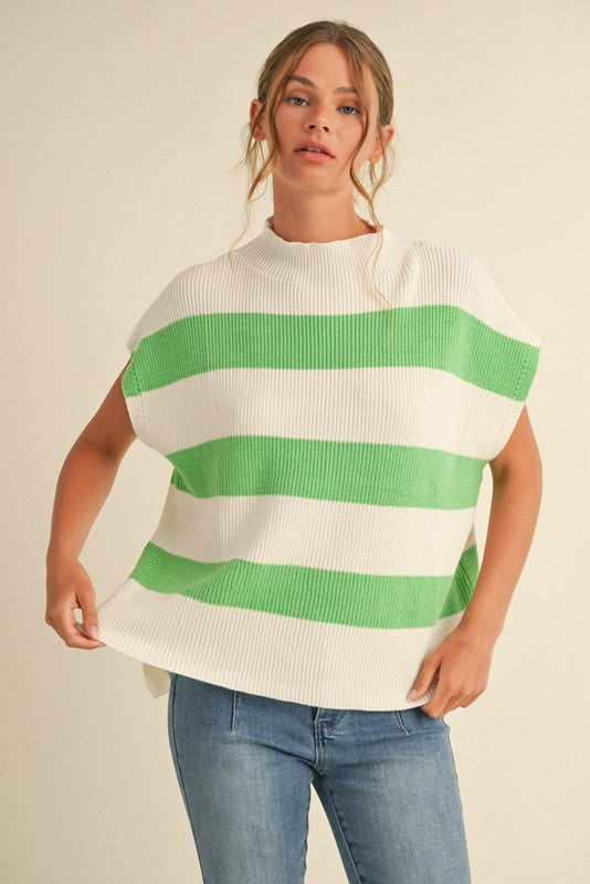 Green/White Striped Print Slay Sleeves Knit Top