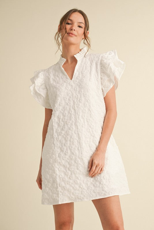 White Floral Embroidered Ruffly Dress
