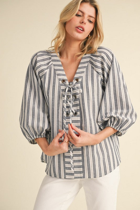 Striped Eyelet Ties Neck Top