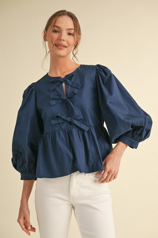 Navy Bow Ties Peplum 3/4 Sleeves Top