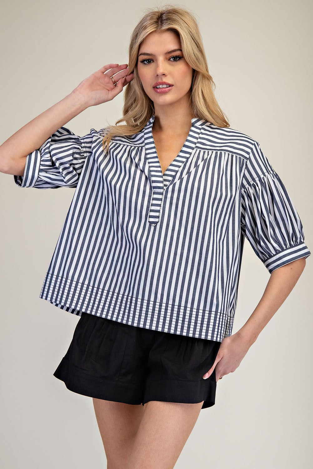 Striped Half Bubble Sleeve V-Neck Top