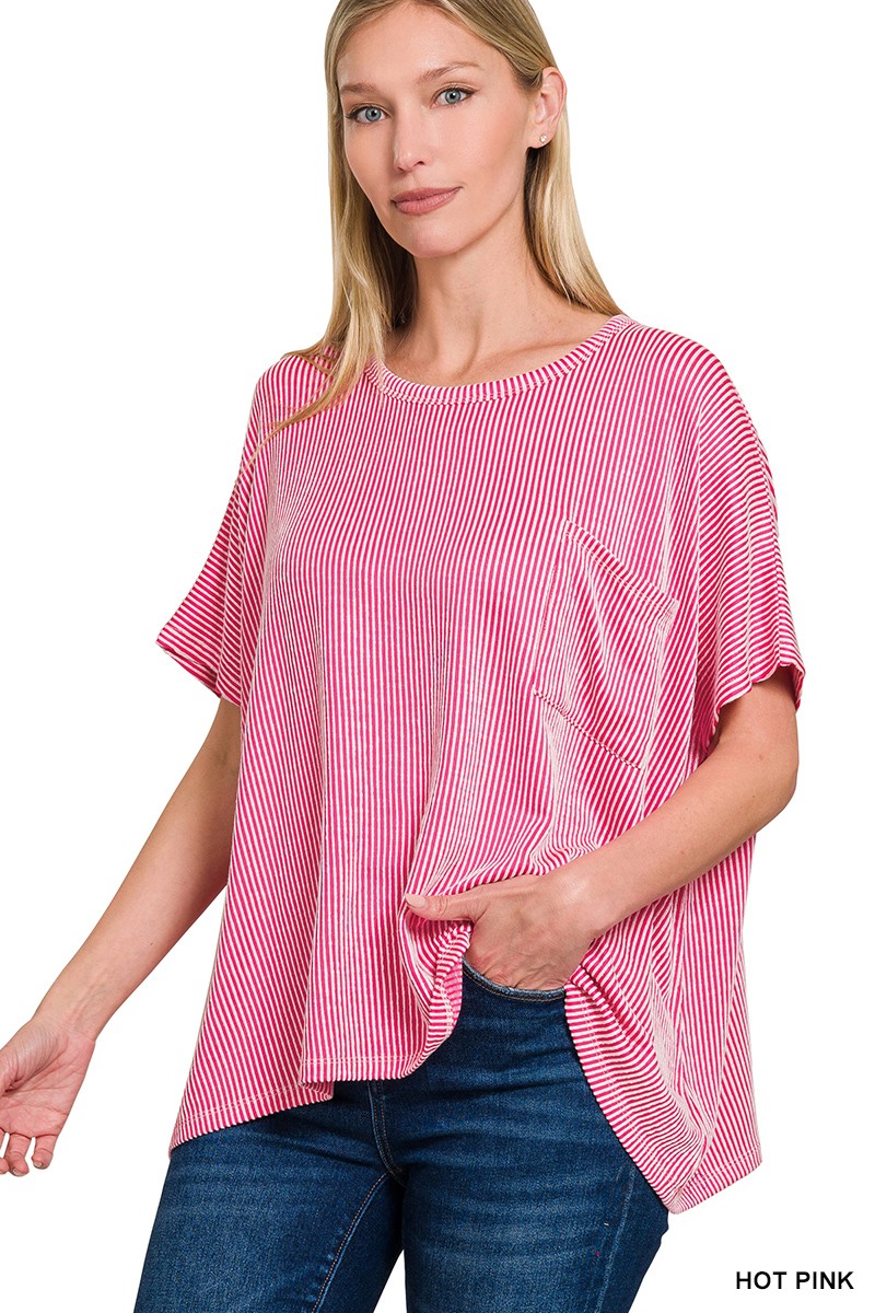 HOT PINK CORDED RIB OVERSIZED SHORT SLEEVE TOP