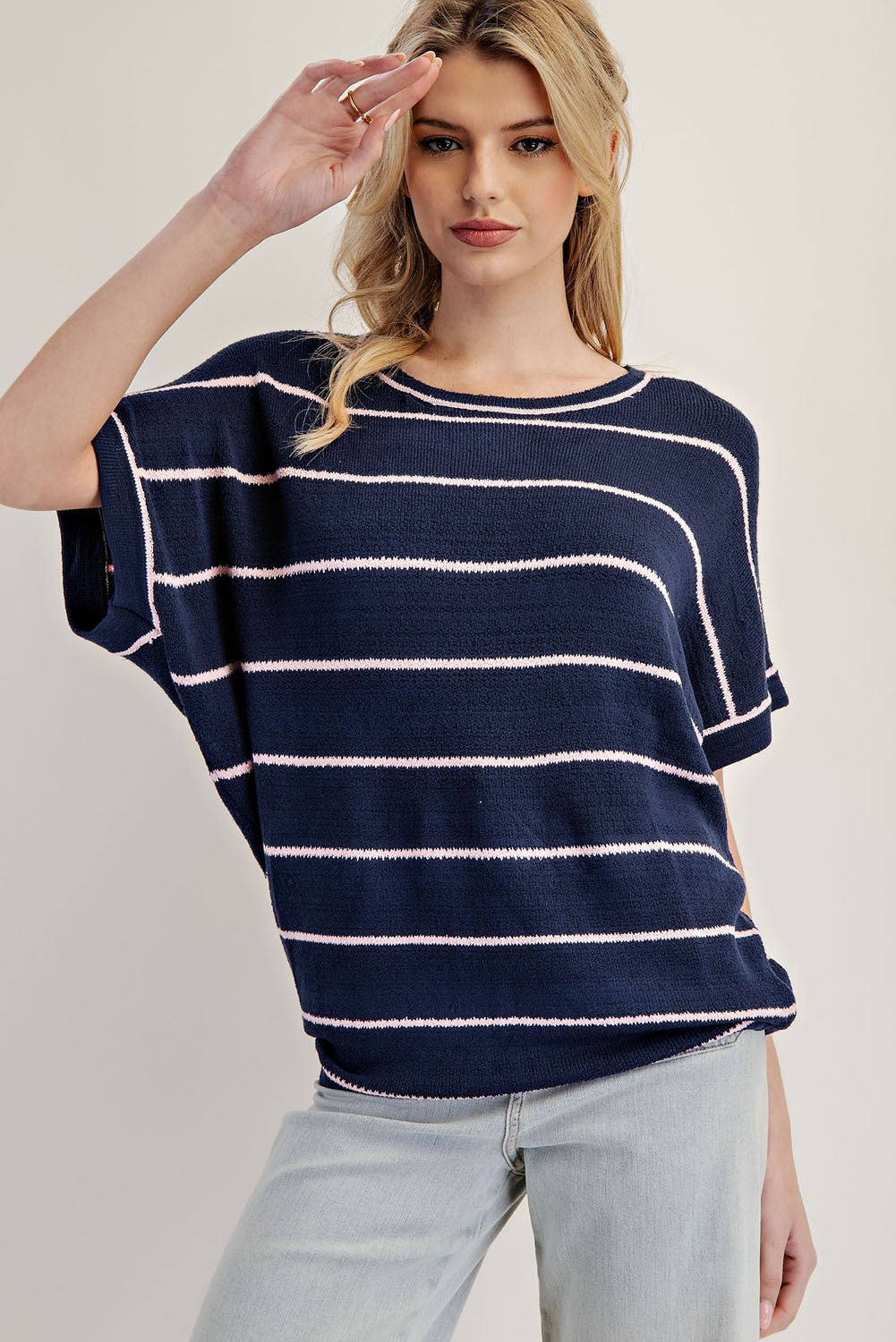 Navy with Pink Striped Short Sleeve Sweater