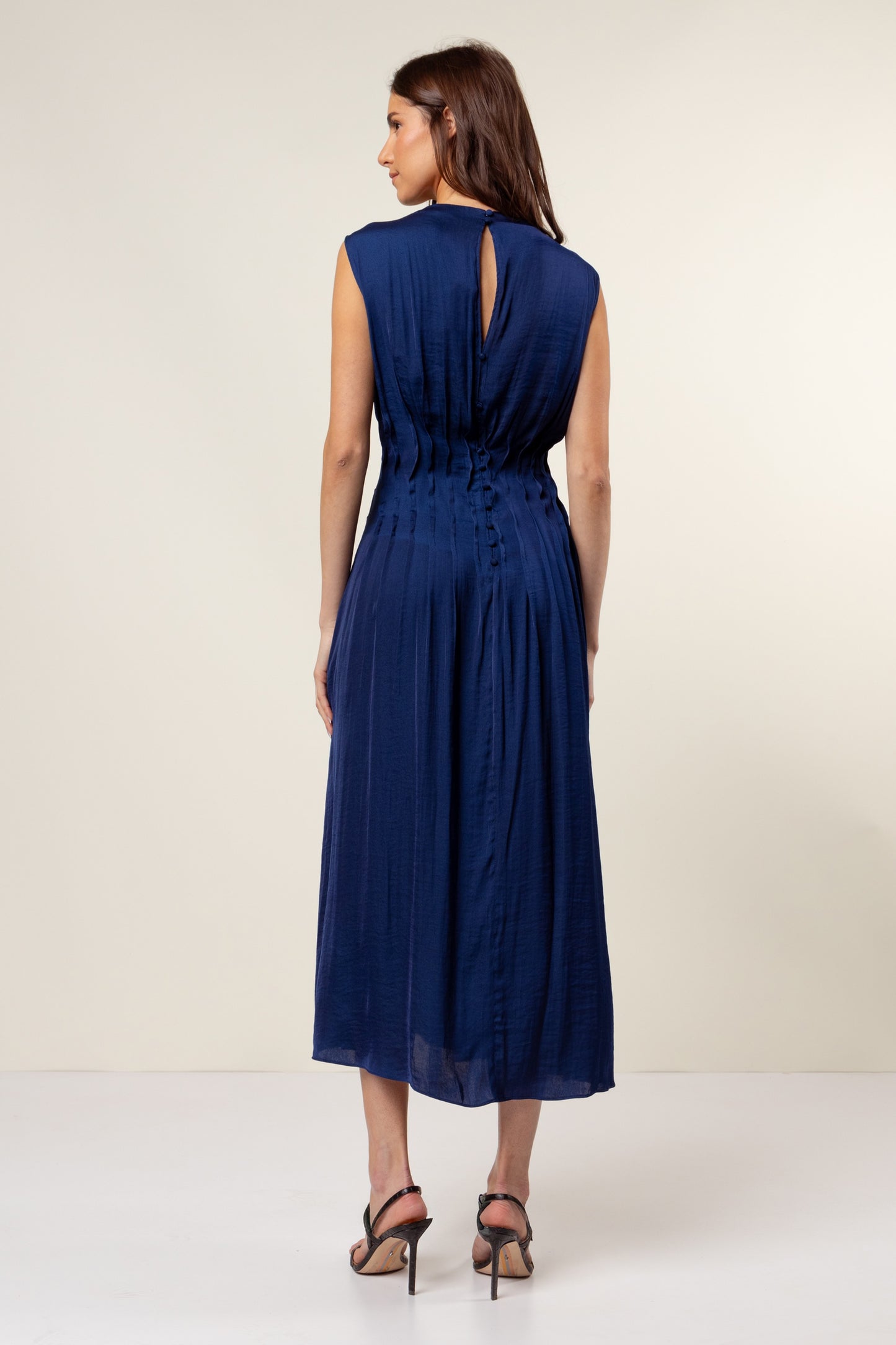 Navy Silky Pleated Waistline Midi Dress