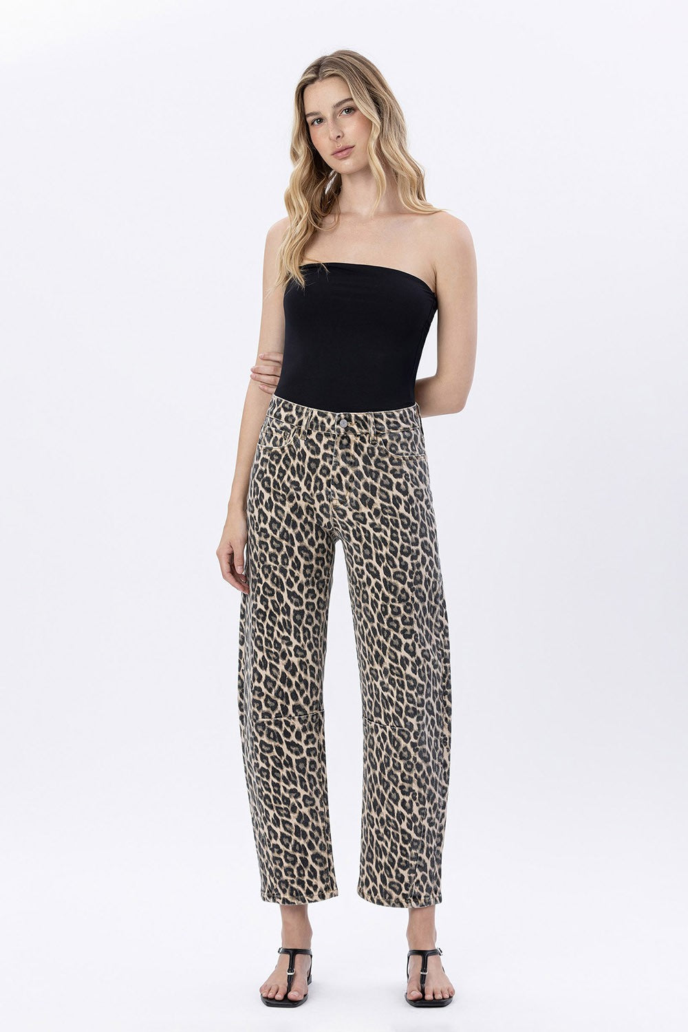 High Rise Leopard Print Barrel Jeans