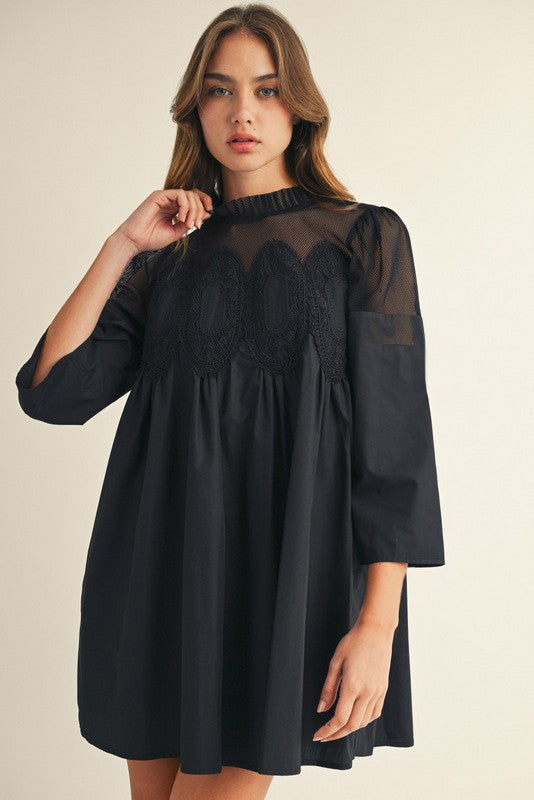 Black Crochet Lace Trim Accent Babydoll Dress
