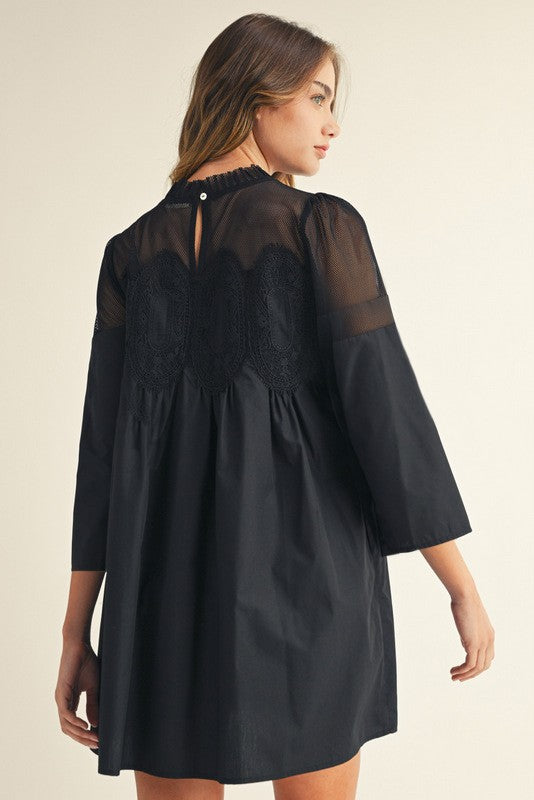 Black Crochet Lace Trim Accent Babydoll Dress