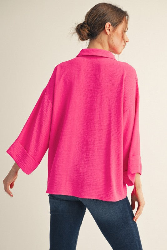 Hot Pink Fold Cuff Detail Button Down Top