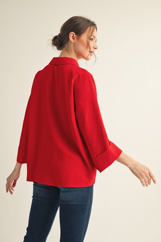 Red Fold Cuff Detail Button Down Top