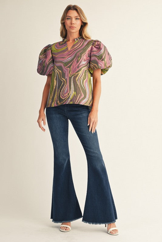 Green Mix Multi Color Abstract Jacquard Top