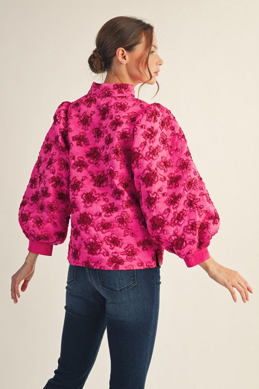 Hot Pink Puff Sleeves Floral Jacquard Top