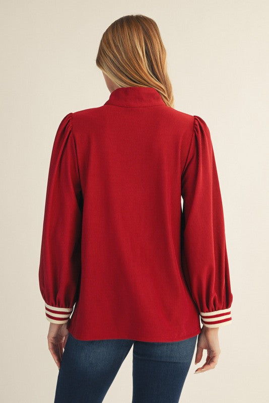 Maroon Color Rib Band Accent High Neck Top
