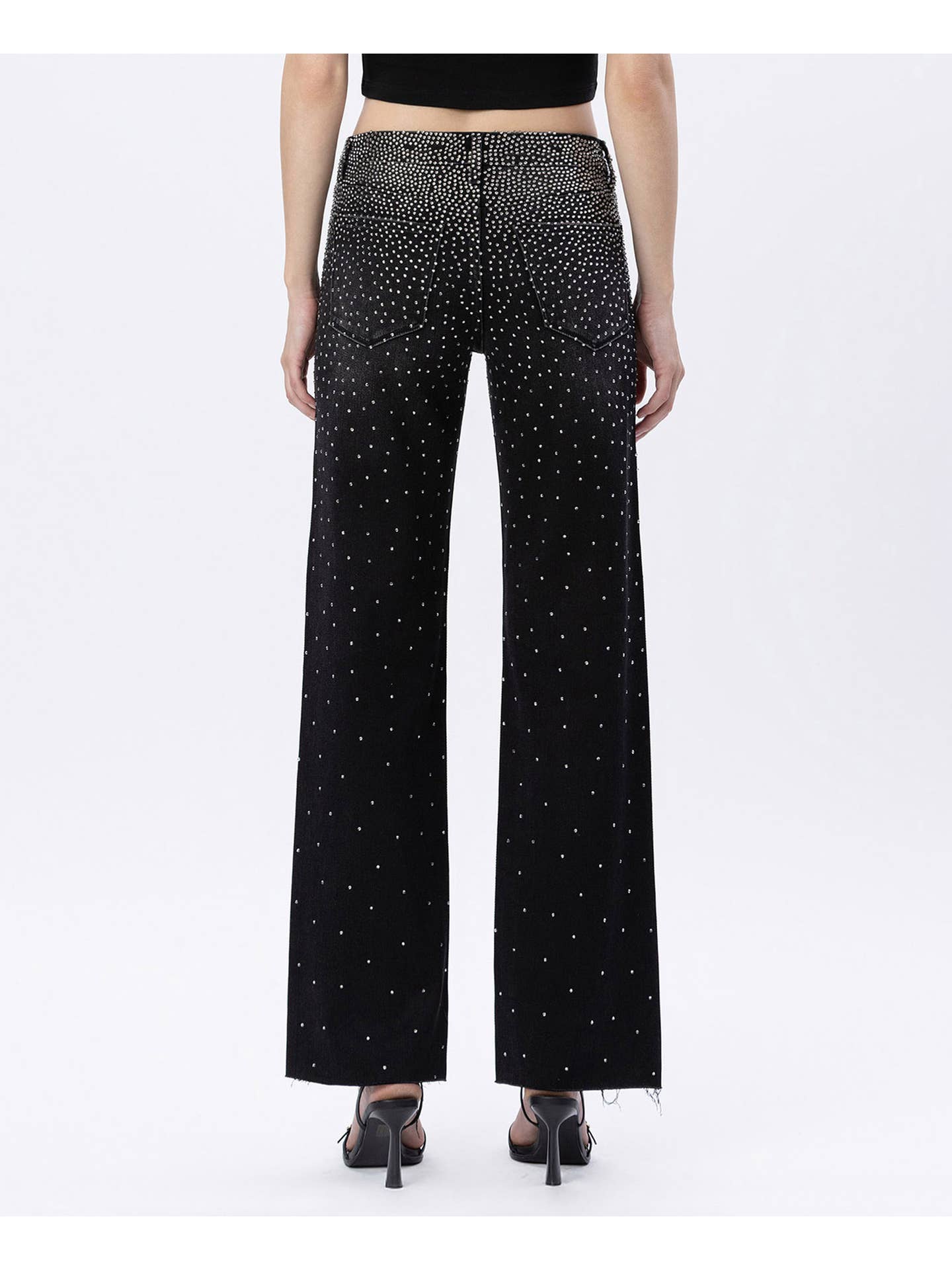 High Rise Raw Hem Rhinestone Slim Wide Jeans