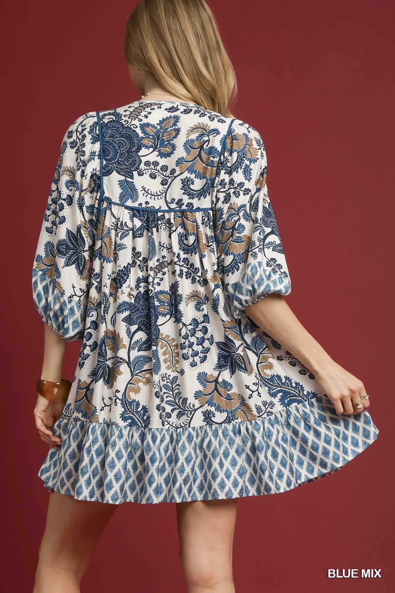 Blue Mixed Print Mini Dress
