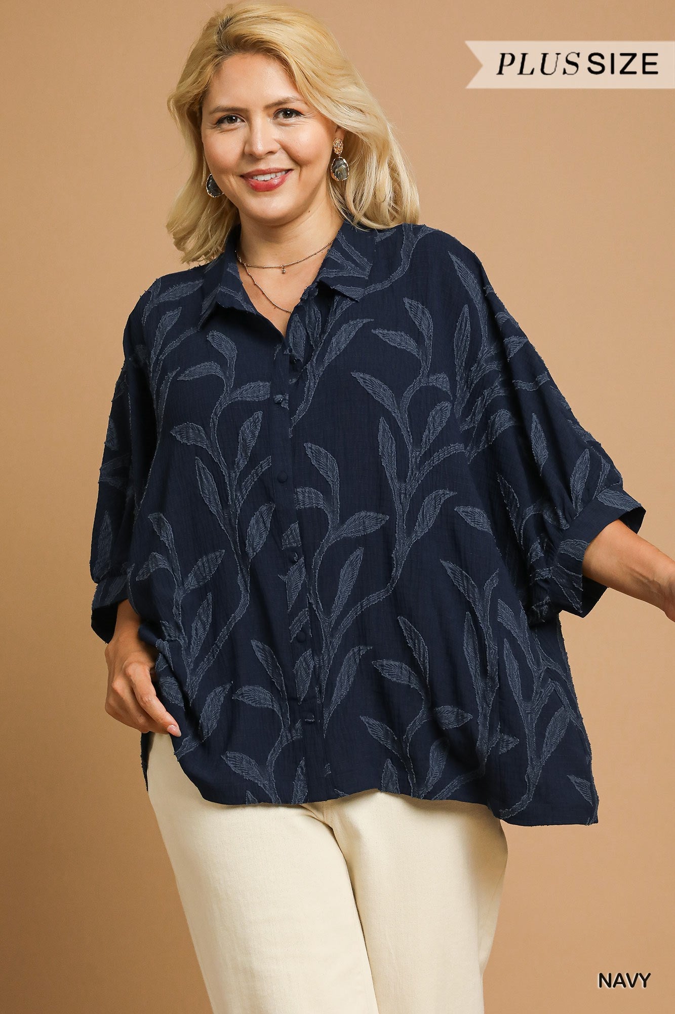Jacquard Textured Leaf Button-Down Blouse