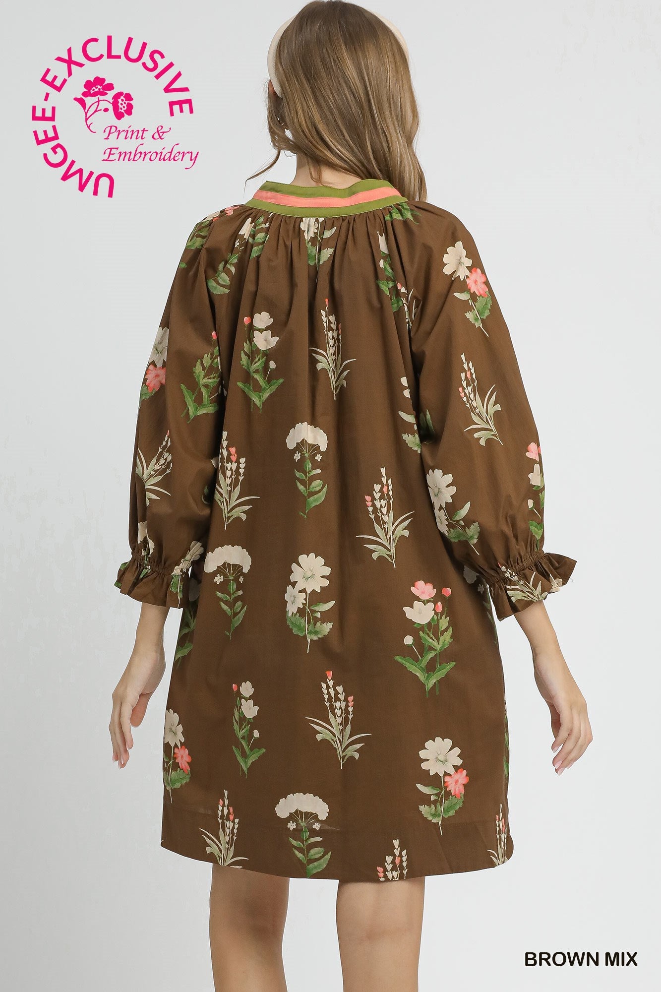 Brown Floral Tunic Dress with Contrast Trim