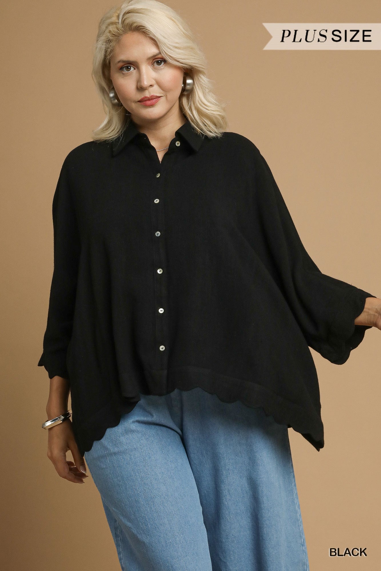 Black Linen Scallop Hem Button-Down Blouse