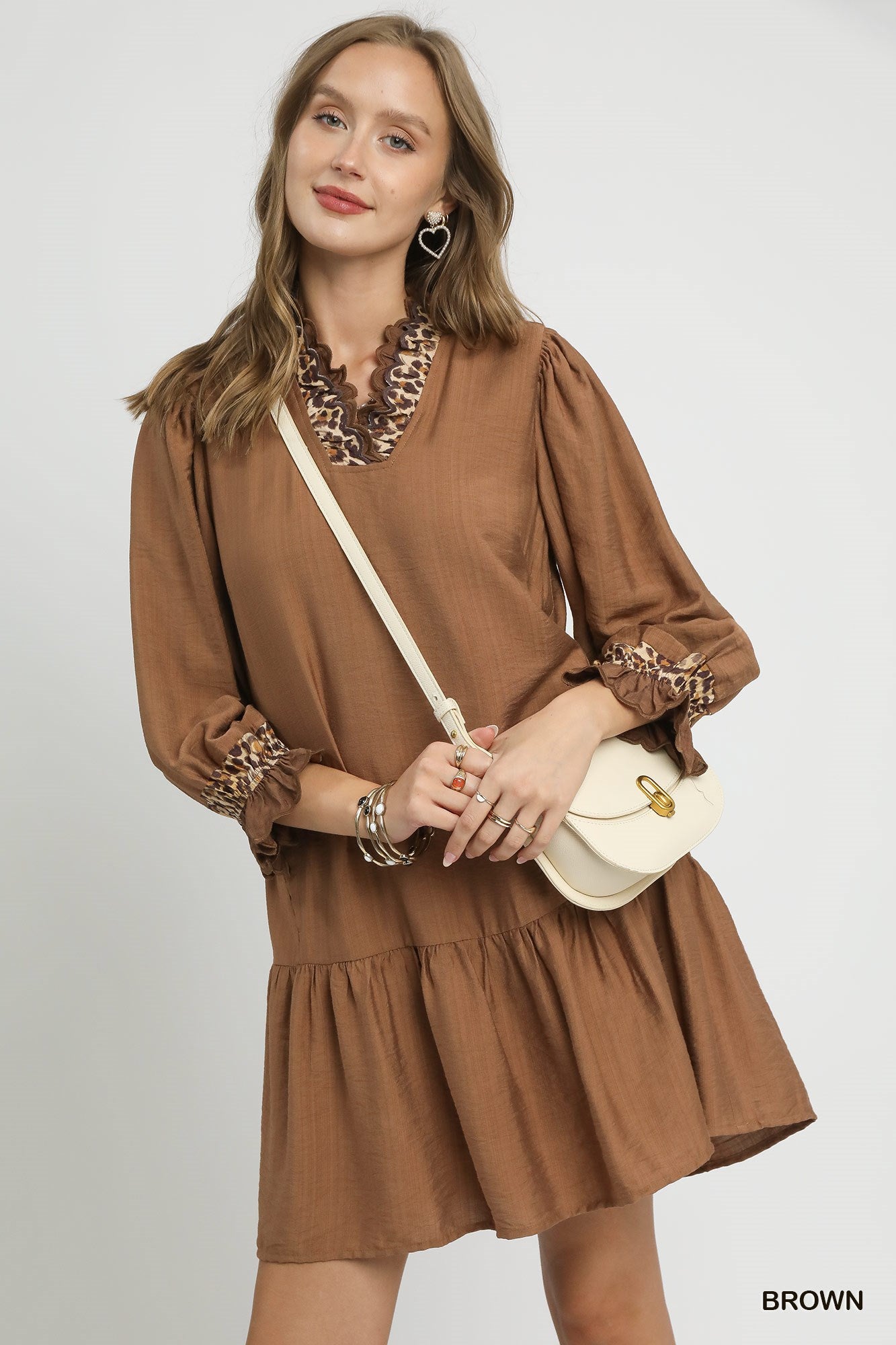 Brown Ruffle Trim Tiered Mini Dress