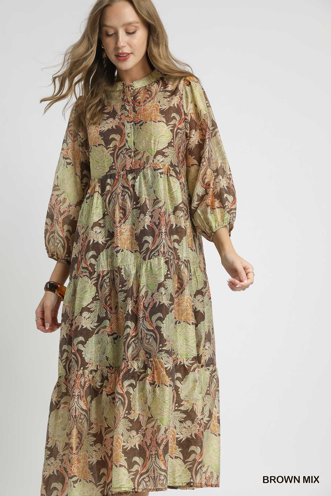 Brown Mix Floral Print Midi Dress