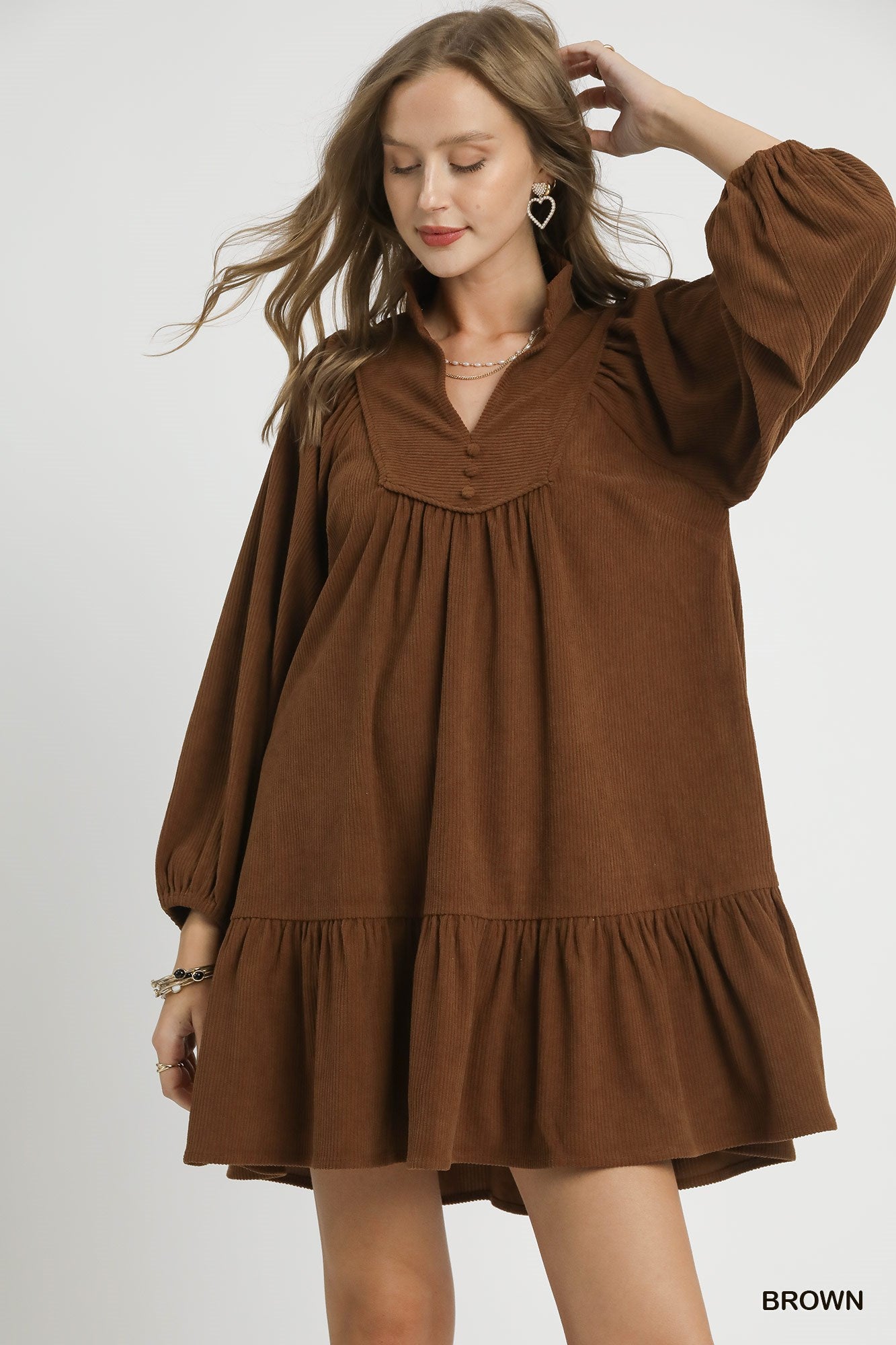 Brown Corduroy Tiered Babydoll Dress