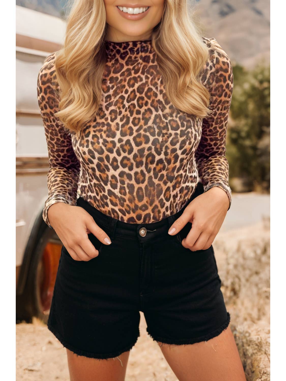 Western Leopard Mock Neck Long Sleeve Mesh Top