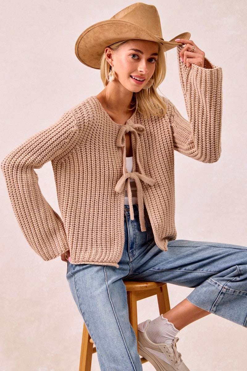 Latte Solid Loose Gauge Knit Sweater Top With Bow Tied