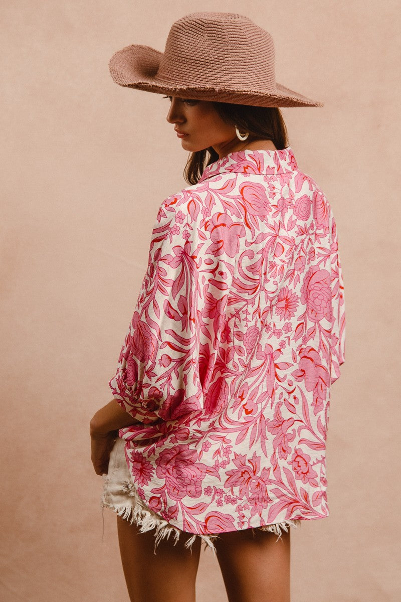Pink/Ivory Floral Print Short Dolman Sleeves Blouse