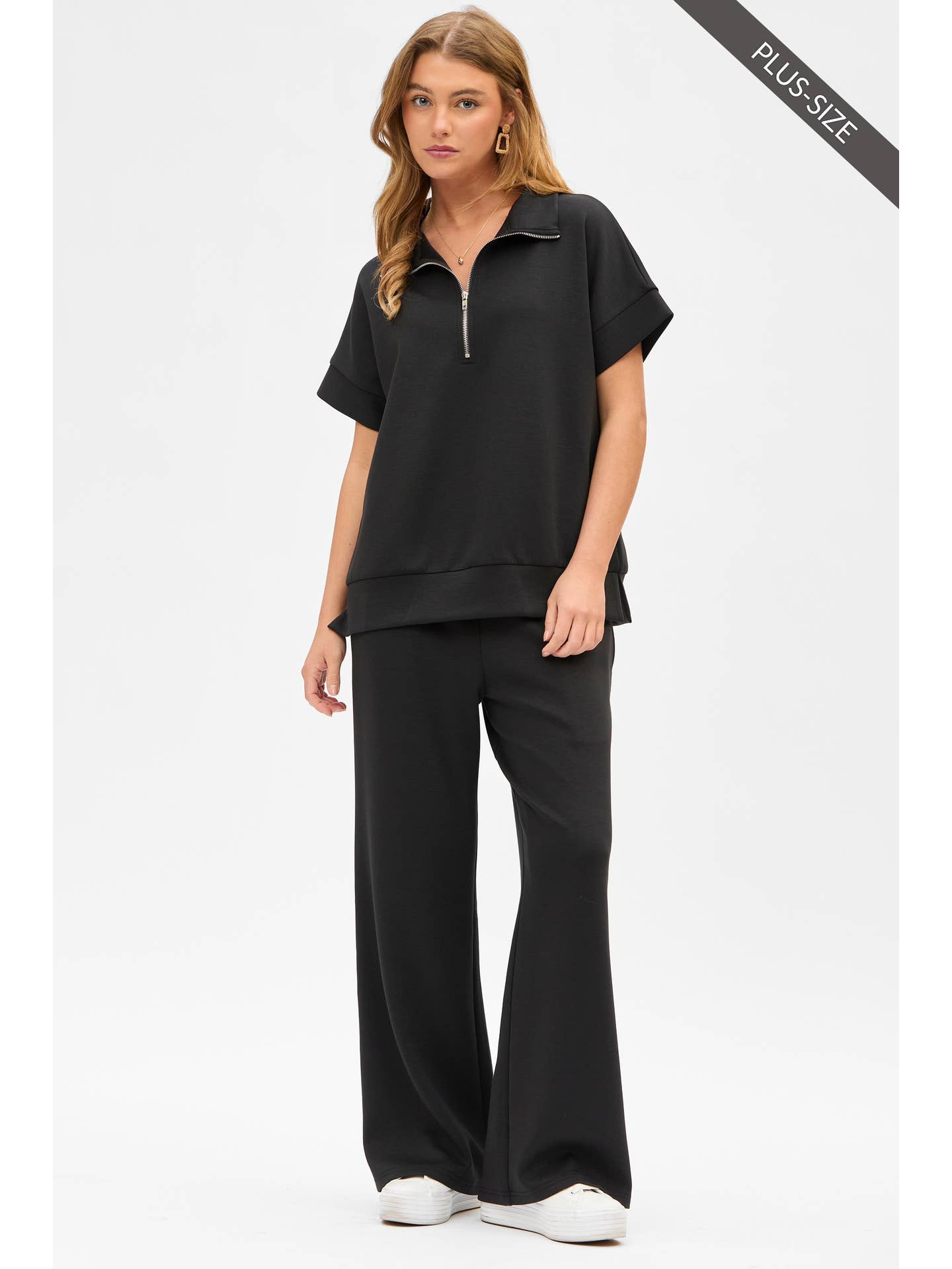 Black Plus Size Quarter Zip + Pants Modal Set Trvset-Catalinap
