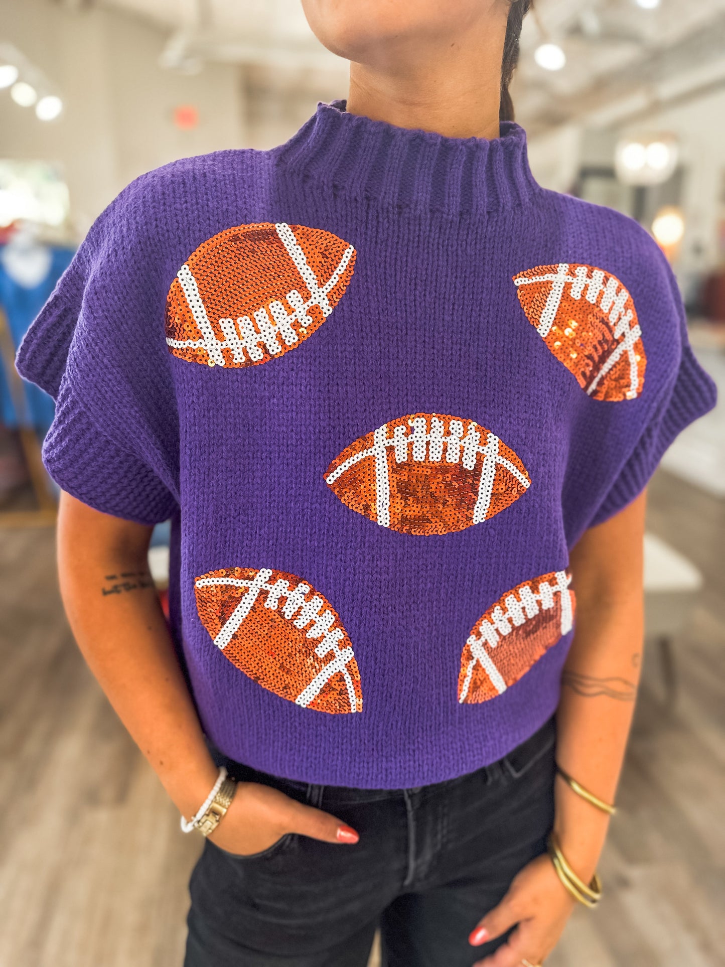 Purple Gameday Sequin Football Patches Rib Banded Sweater