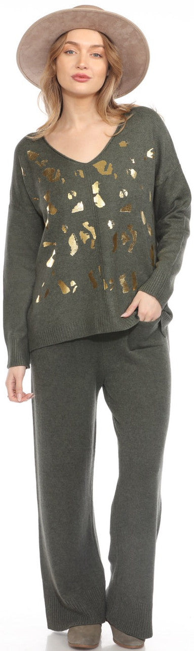 Gold/Olive Foil V Neck Sweater