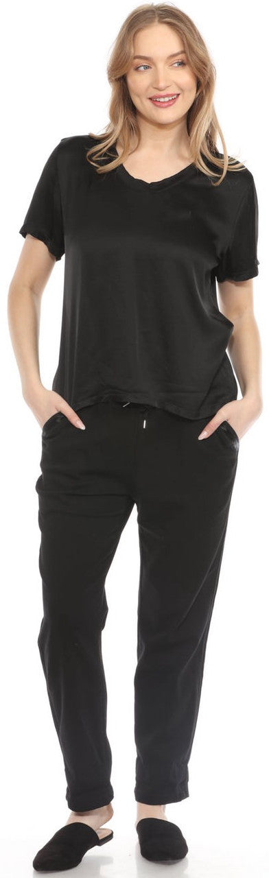 Black Satin V Neck top