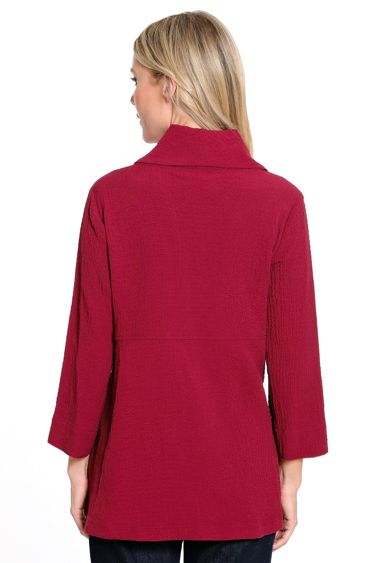 WINE 3/4 SLEEVE WOVEN PUCKER FABRIC TUNIC
