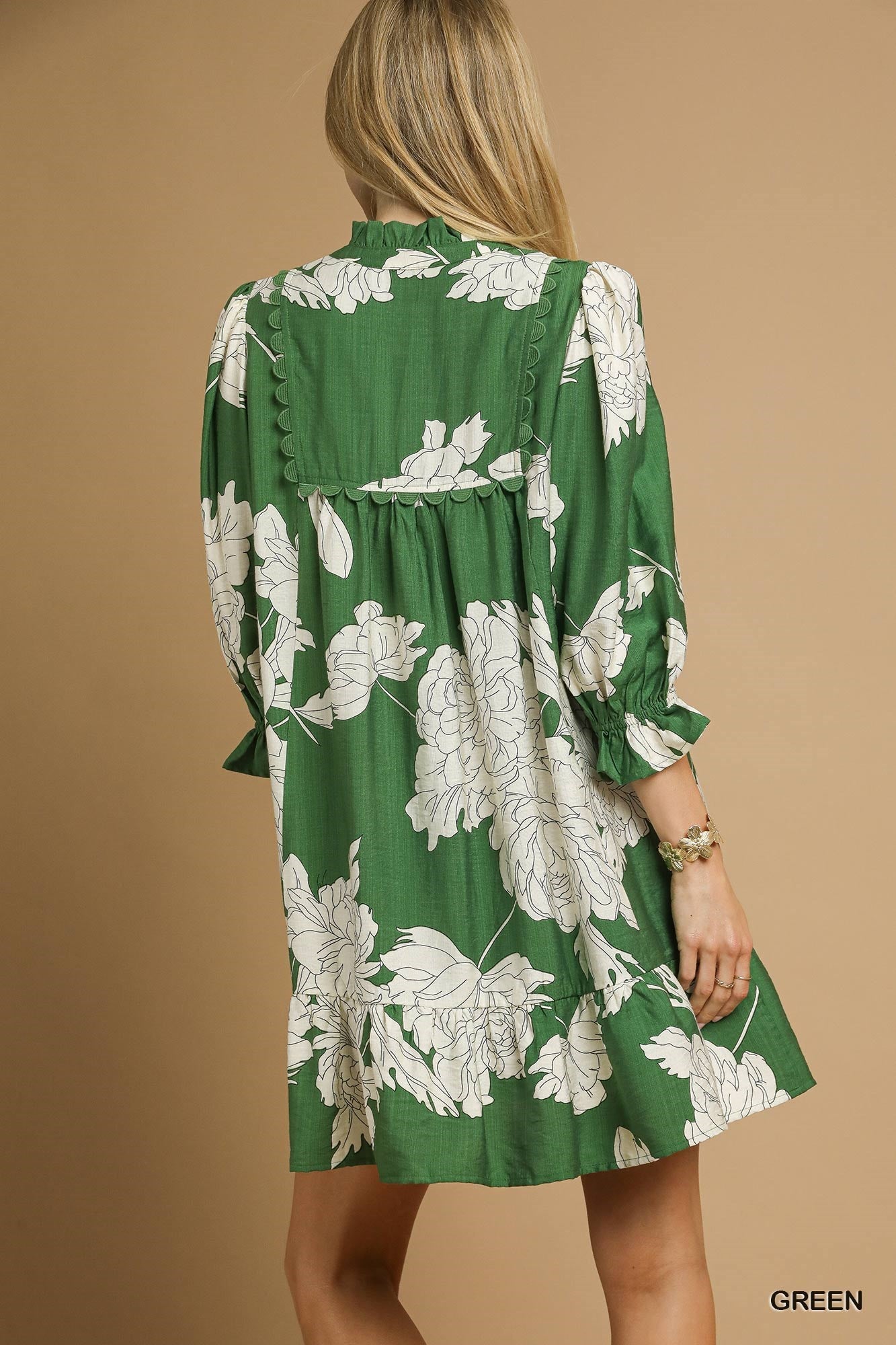 Green and White Floral Tiered Babydoll Dress