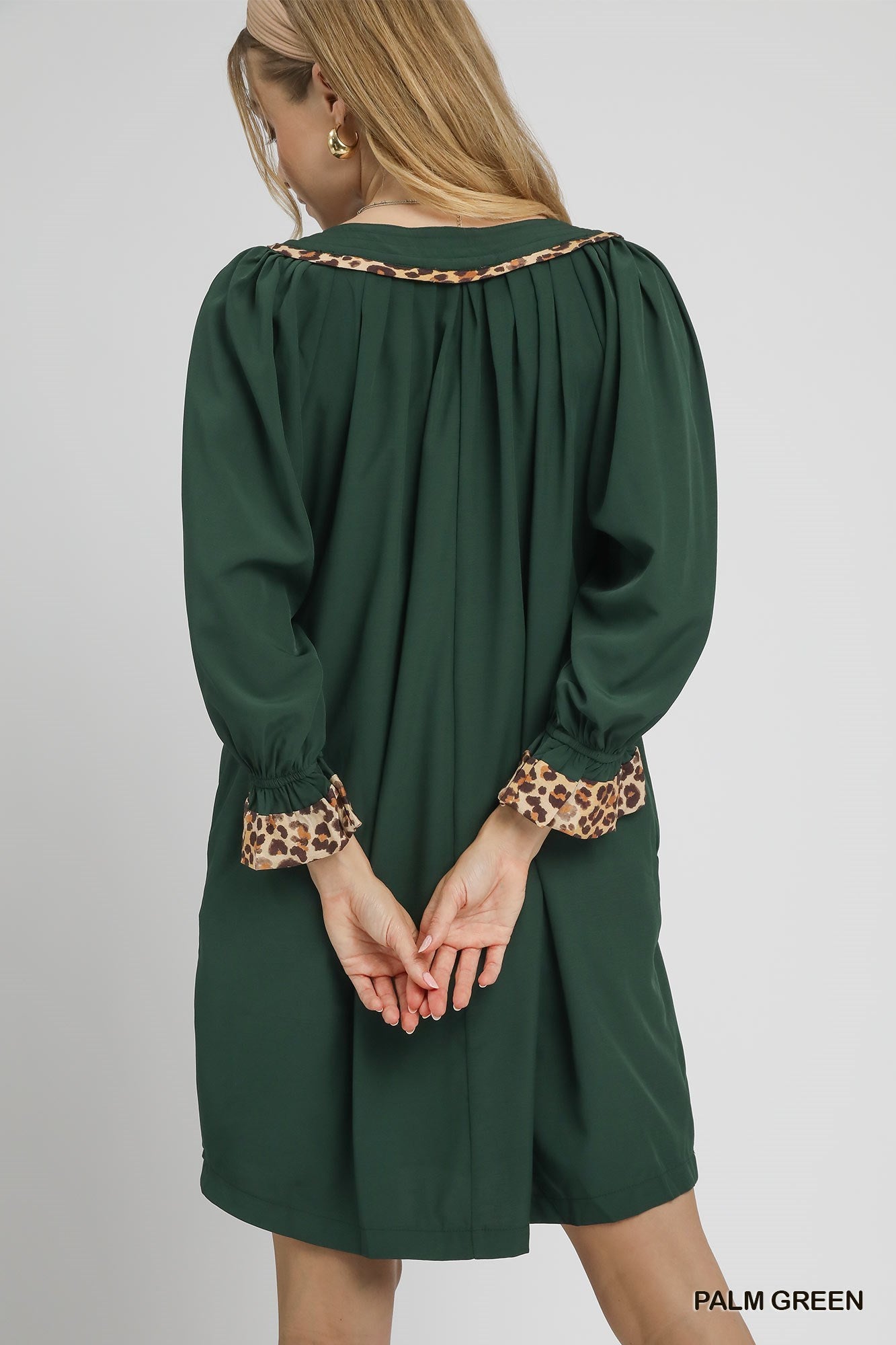 Palm Green Tunic Dress with Leopard Trim Accents