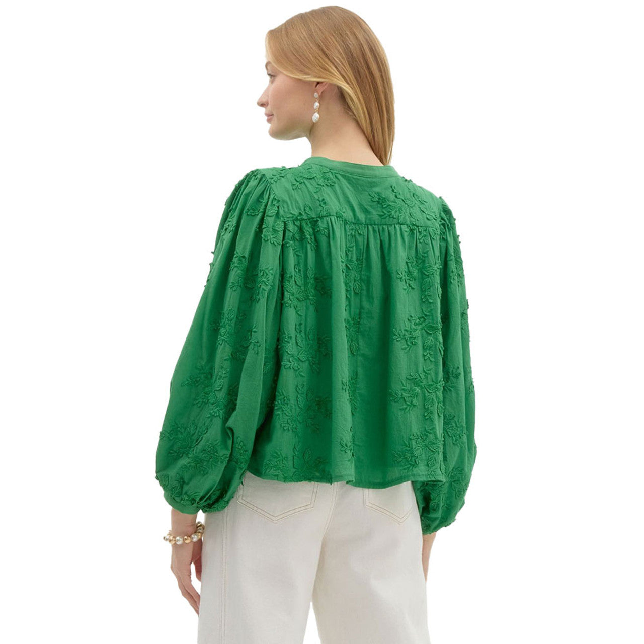 Green Embroidered Puff Sleeve Blouse